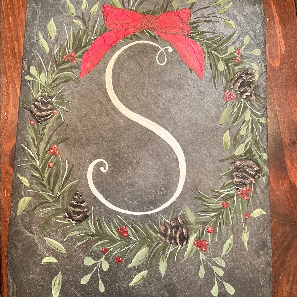 Holiday Slate Art with Red Bow and Greenery